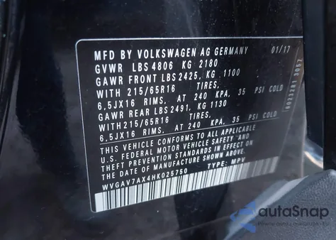 2017 Volkswagen Tiguan 2.0T/2.0T S из США, поврежденный, VIN WVGAV7AX4HK025750